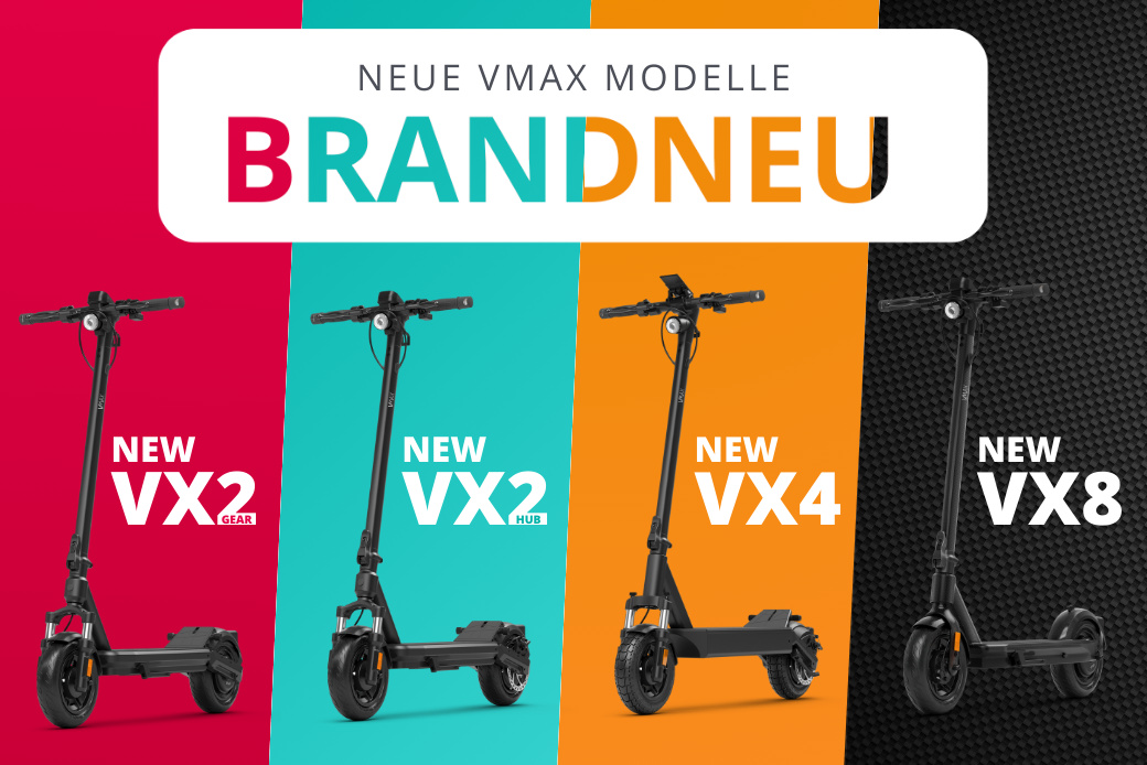 Alle neuen VMAX E-Scooter Modelle nebeneinander - farblich hinterlegt