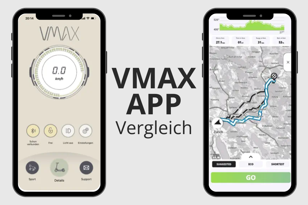 Zwei Smartphones nebeneinander. Auf einem ist die VMAX Connect App zu sehen und auf dem anderen die VMAX E-Scooter App. Das Bild zeigt den Vergleich der beiden VMAX Apps für E-Scooter.