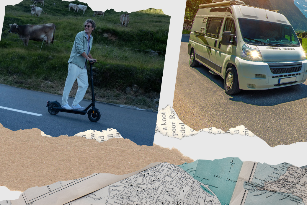 "Reisen mit dem E-Scooter" Thema. Unten eine Landkarte. Oben links ein Junger Mann auf einem VMAX Elektroroller, der durch eine bergige Landschaft fährt und oben rechts ein Foto eines Campers.