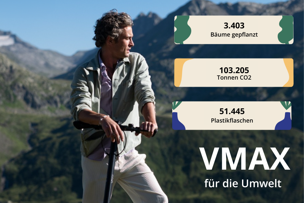 Ein junger Mann auf einem elektrischen Scooter in einer Berglandschaft