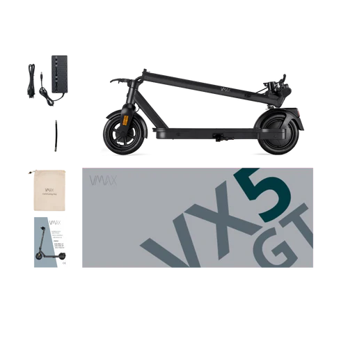 VMAX VX5 GT E-Scooter Karton und Lieferumfang: Netzteil, Commuting Bag, Bedienungsanleitung
