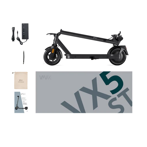 VMAX VX5 ST E-Scooter Karton und Lieferumfang: Netzteil, Commuting Bag, Bedienungsanleitung