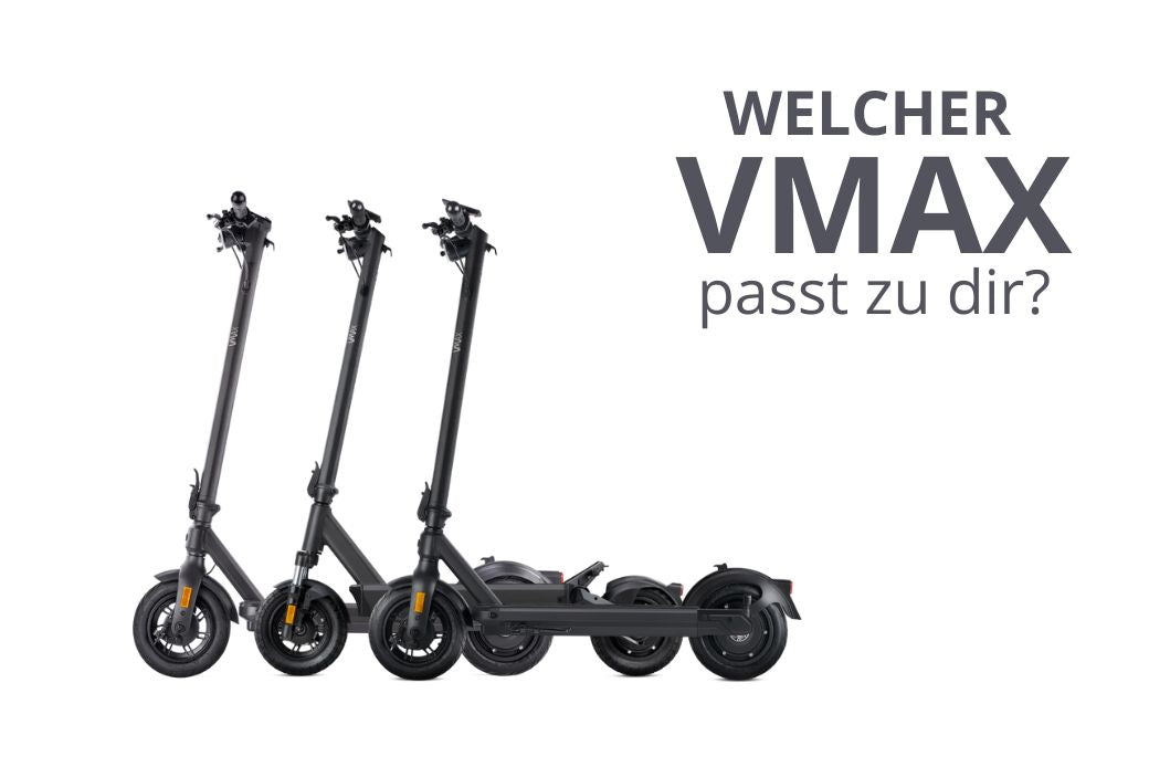Drei E-Scooter von VMAX stehen nebeneinander gereiht, beschriftet mit einer Überschrift "Welcher VMAX passt zu dir?"