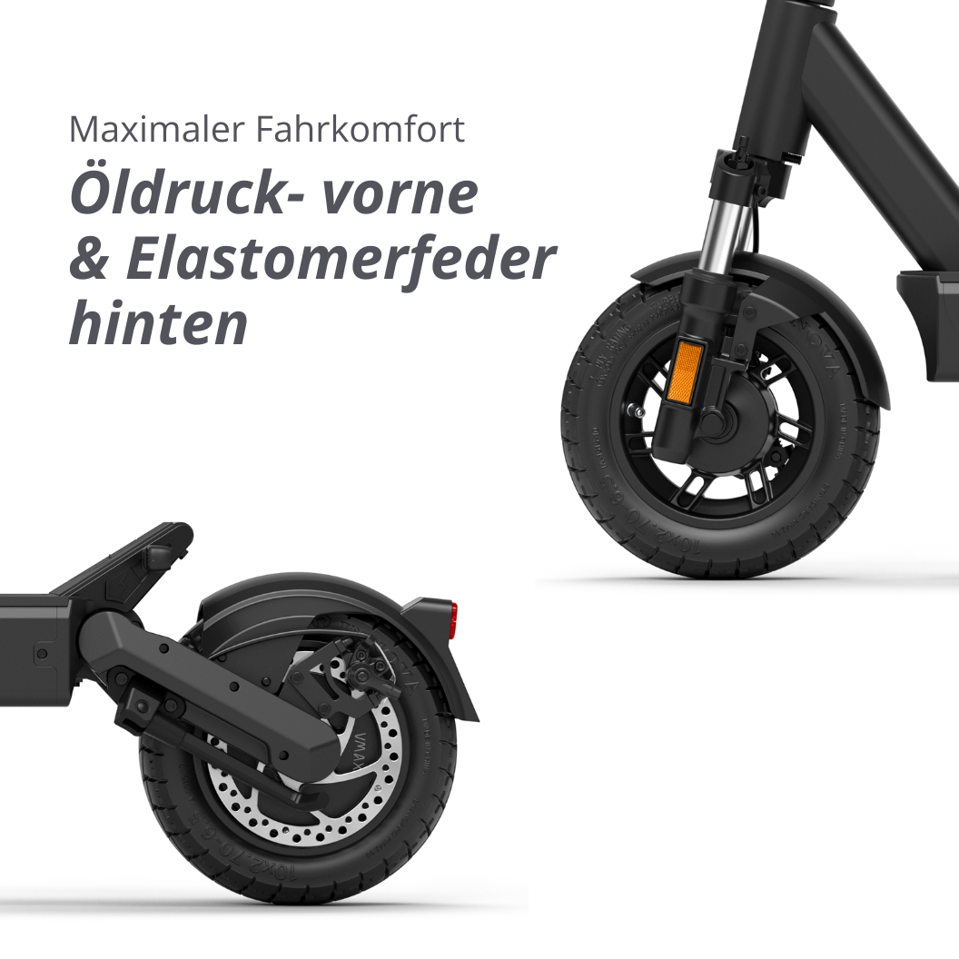 Öldruckfeder vorne und Elastomerfeder hinten am E-Scooter